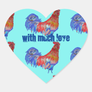 Rooster Chicken Red Blue Wasserfarbenkunst Boys Herz-Aufkleber