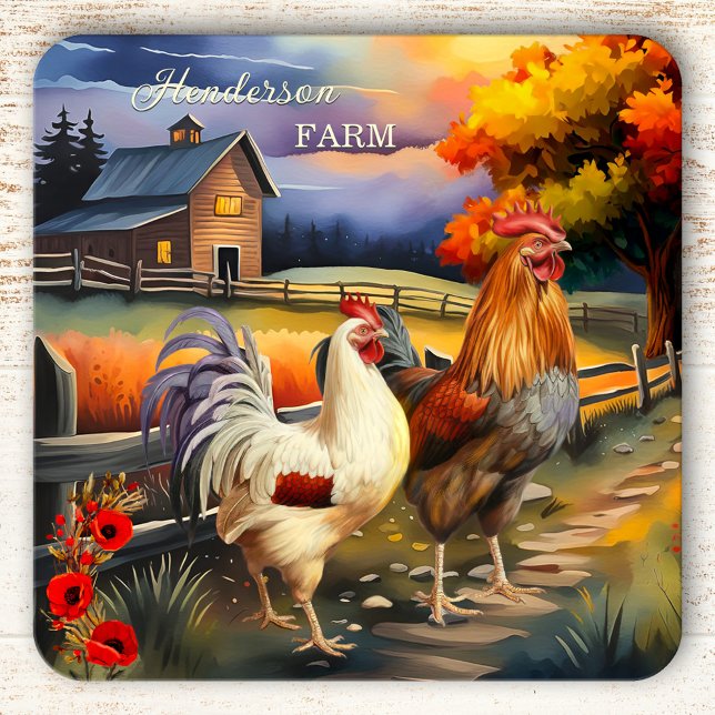 Rooster d'art Chicken Farm Dessous de verre (Coaster featuring a colorful fine art painting of a farm scene with rooster and chicken. )