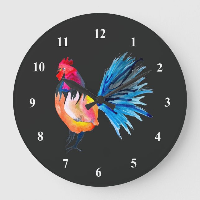 Rooster farbige Aquarellbilder Große Wanduhr (Vorderseite)