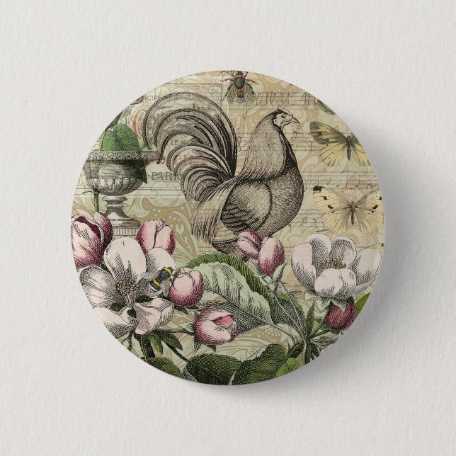 Rooster Garden Blumen Butterfly Art Button (Vorderseite)