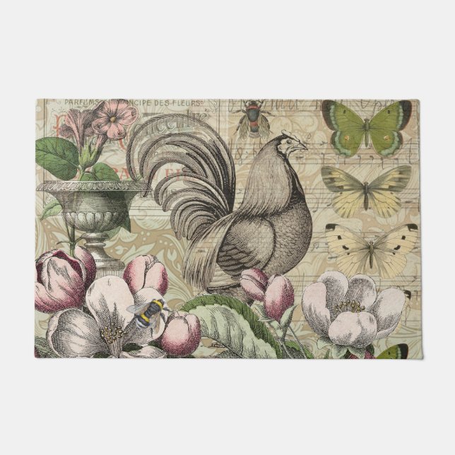 Rooster Garden Blumen Butterfly Art Fußmatte (Vorderseite)
