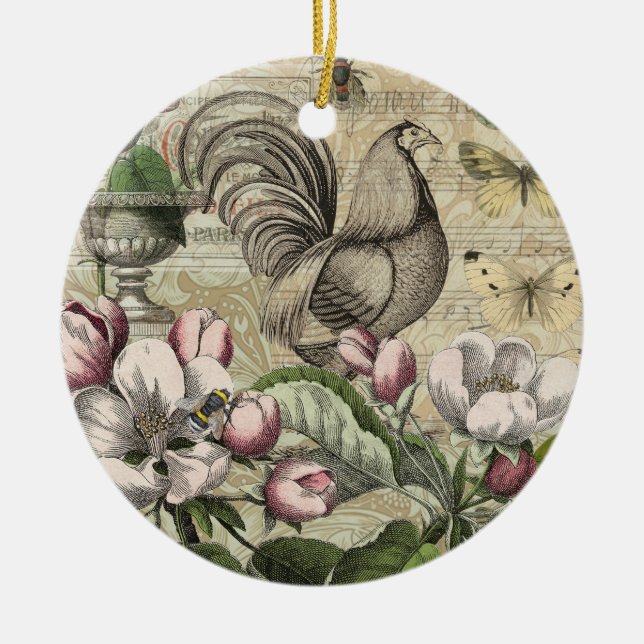 Rooster Garden Blumen Butterfly Art Keramik Ornament (Vorne)