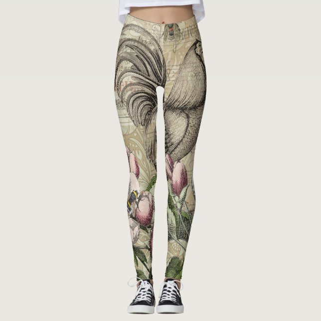 Rooster Garden Blumen Butterfly Art Leggings (Vorderseite)