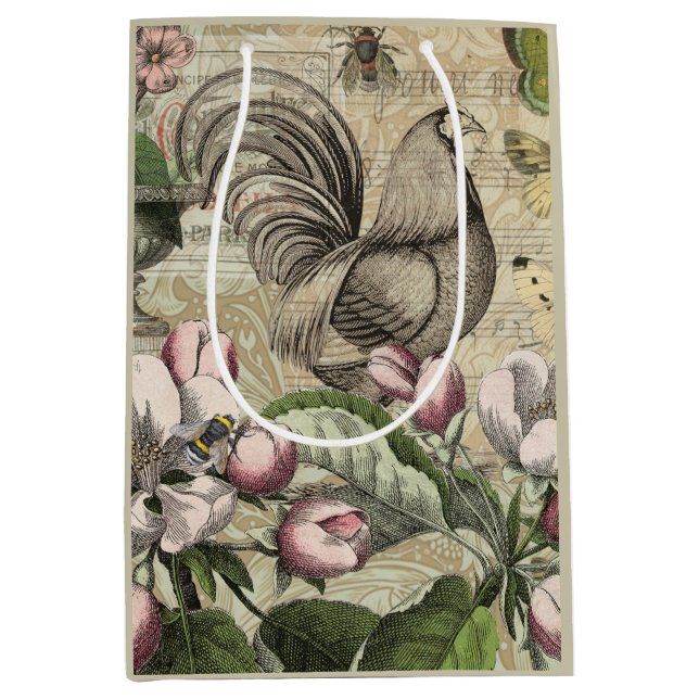 Rooster Garden Blumen Butterfly Art Mittlere Geschenktüte (Vorderseite)