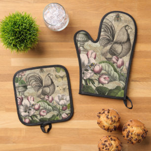Rooster Garden Blumen Butterfly Art Ofenhandschuh & Topflappen-Set