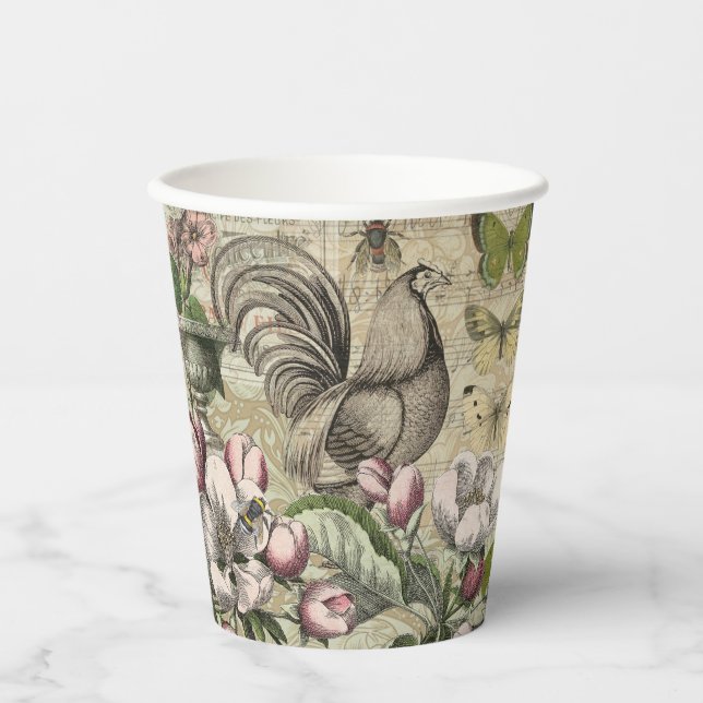 Rooster Garden Blumen Butterfly Art Pappbecher (Vorderseite)