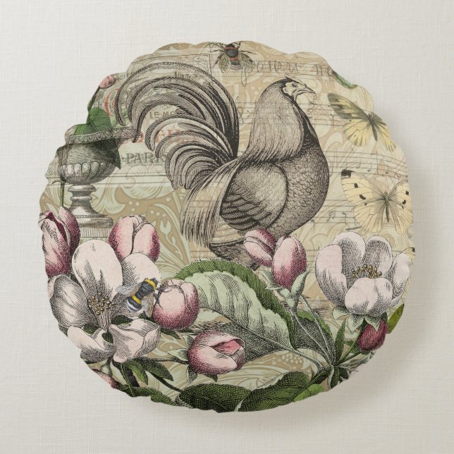 Rooster Garden Blumen Butterfly Art Rundes Kissen (Vorderseite)