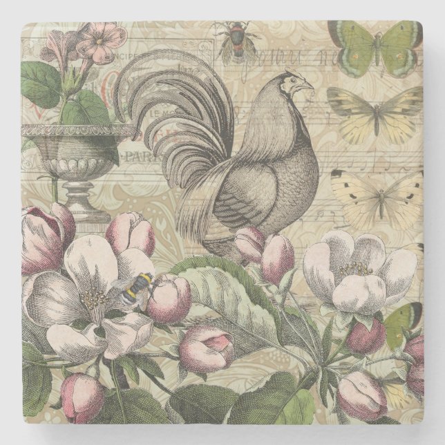 Rooster Garden Blumen Butterfly Art Steinuntersetzer (Vorderseite)