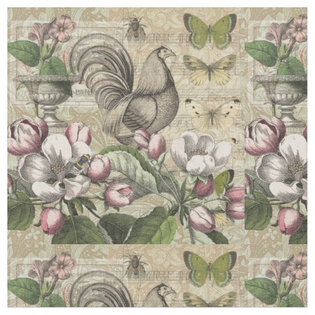 Rooster Garden Blumen Butterfly Art Stoff (Nahaufnahme)