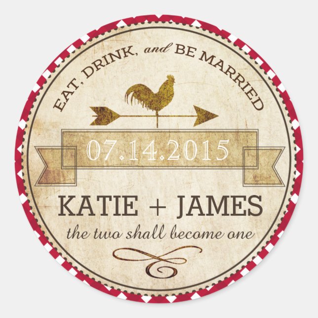 Rooster Gingham Karo Rustic Wedding Label Runder Aufkleber (Vorderseite)