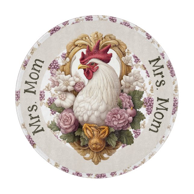 Rooster & Grapes Heraldic Crest in maroon, Schneidebrett (Vorderseite)
