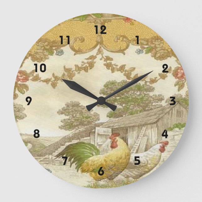 Rooster Hen Chicken Coop Clock Große Wanduhr (Vorderseite)