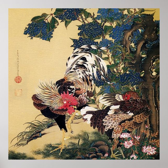 Rooster Hen und Hydrangea von Ito Jakuchu Poster (Vorne)
