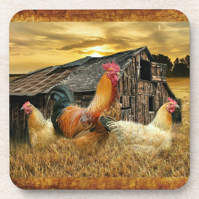 Rooster Hens Rustic Barcoop Getränkeuntersetzer (Vorderseite)