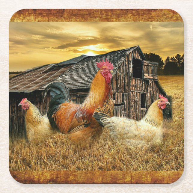 Rooster Hens Rustic Barcoop Rechteckiger Pappuntersetzer (Vorderseite)