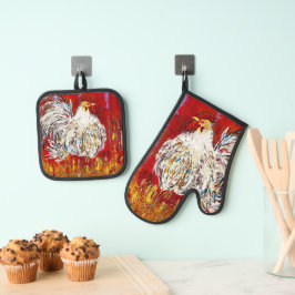 Rooster-Hühner-Mitt und Pot-Holder-Set Ofenhandschuh & Topflappen-Set