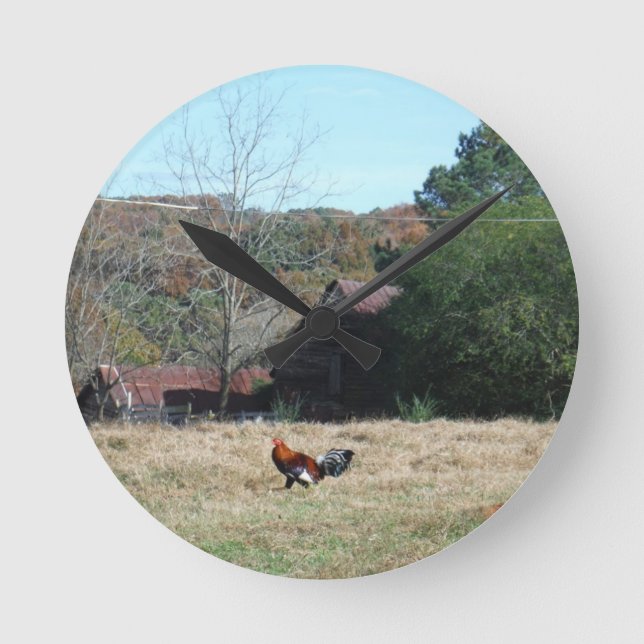 Rooster im Farm Foto von Sandy Closs. Runde Wanduhr (Vorderseite)