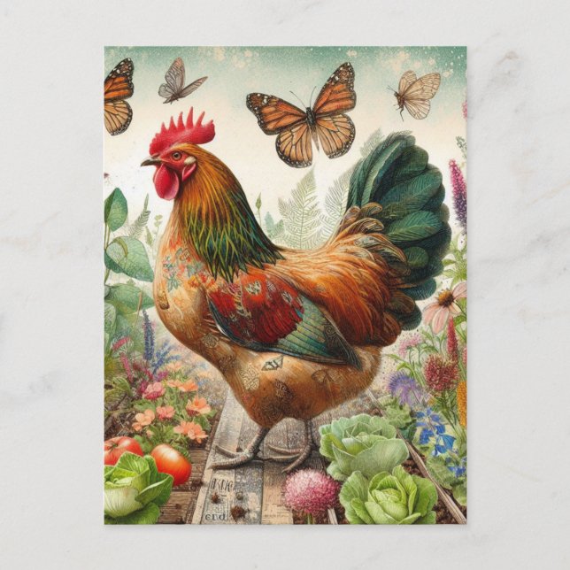 Rooster im Garten Postkarte (Vorderseite)