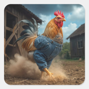 Rooster in einem dummen Bauernhof Quadratischer Aufkleber