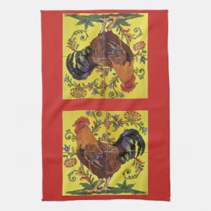 Rooster Jaune Poulet Rouge Folk Art Serviette de c