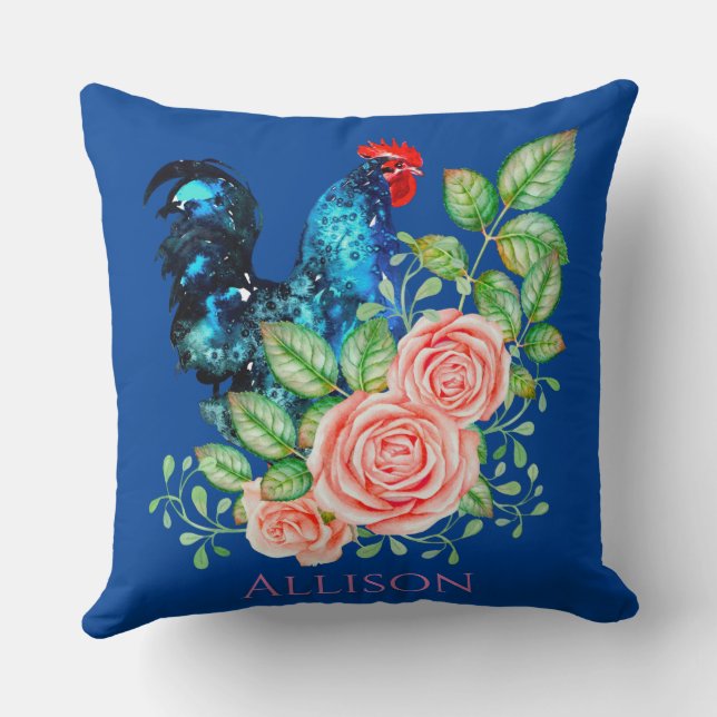 Rooster mit Blume Blau Kissen (Rückseite)