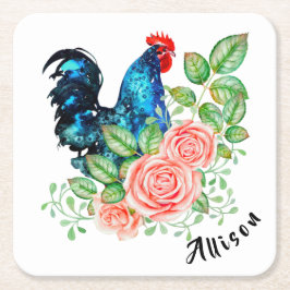 Rooster mit Personalisierten Blume Rechteckiger Pappuntersetzer