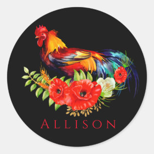 Rooster mit Poppies Black Red Personalisiert Runder Aufkleber