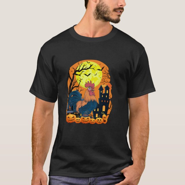 Rooster mit Pumpkins Funny Beängstigendes Hallowee T-Shirt (Vorderseite)