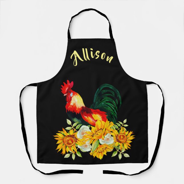 Rooster mit Sonnenblumen Schwarze Personalisierte  Schürze (Vorderseite)