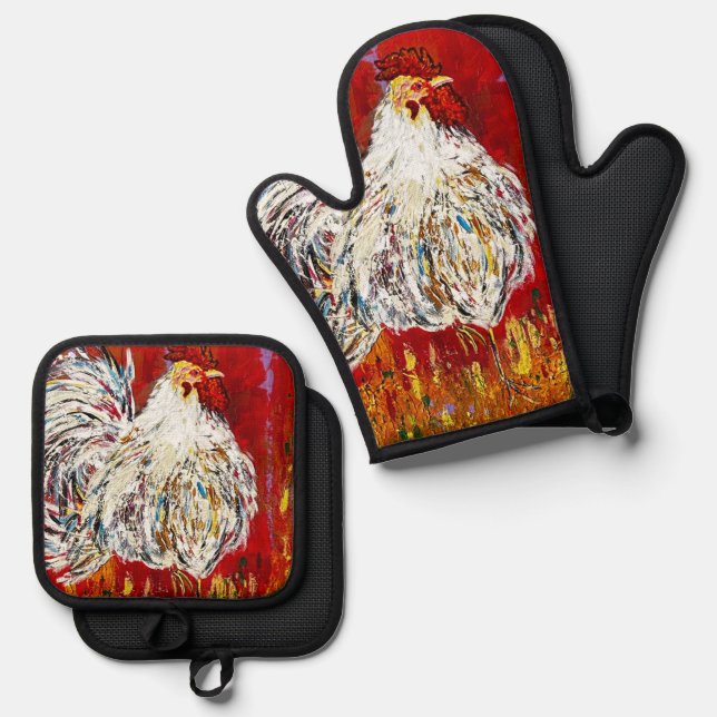 Rooster Oven Mitt Ofenhandschuh & Topflappen-Set (Vorderseite/Rückseite)