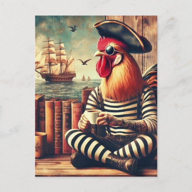 Rooster-Pirate mit Kaffee Postkarte (Vorderseite)