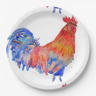 Rooster Red Watercolor Geburtstagsparteienpapierpl Pappteller