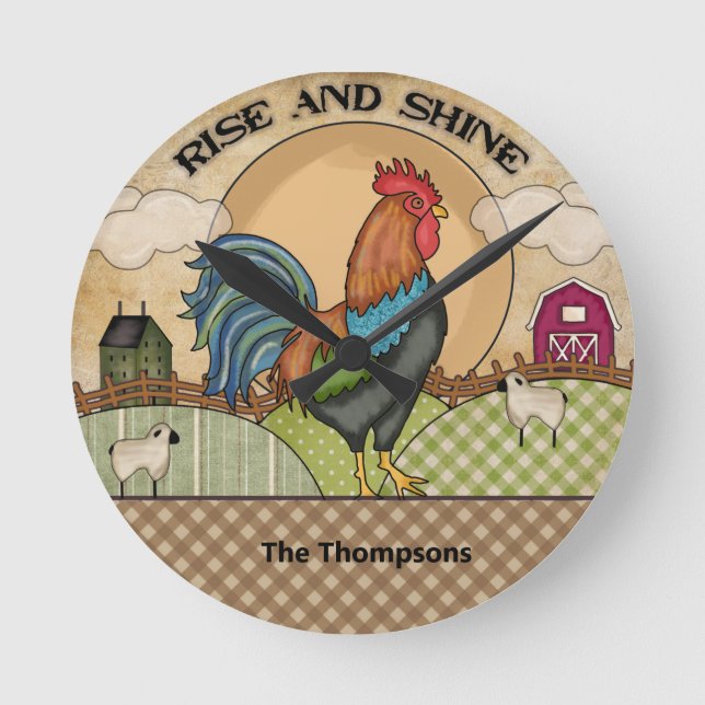Rooster Rise and Shine Wall Round Clock Runde Wanduhr (Vorderseite)