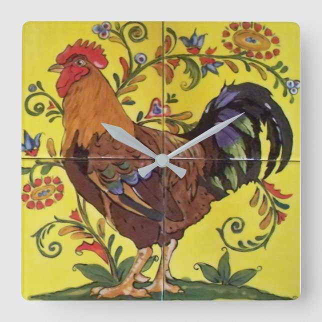 Rooster Rouge Poulet Jaune Folle Carrelage Horloge (Recto)