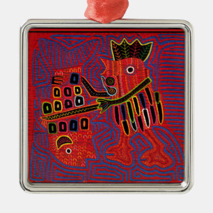 Rooster Scaling a Fish with a Machete Ornament Aus Metall