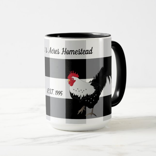 Rooster Schwarz-weiß Karo Custom Coffee Tasse (VorderseiteRechts)