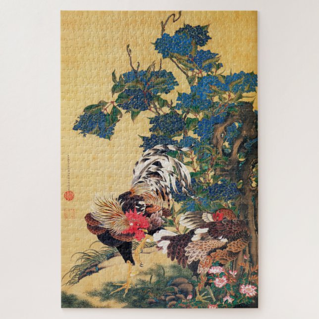 Rooster und Hen mit Hydrangeas von Ito Jakuchu (Vertikal)