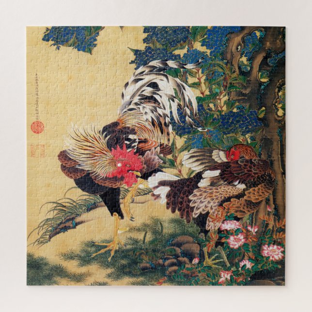 Rooster und Hen mit Hydrangeas von Ito Jakuchu (Vertikal)