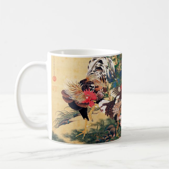 Rooster und Hen mit Hydrangeas von Ito Jakuchu Kaffeetasse (Links)