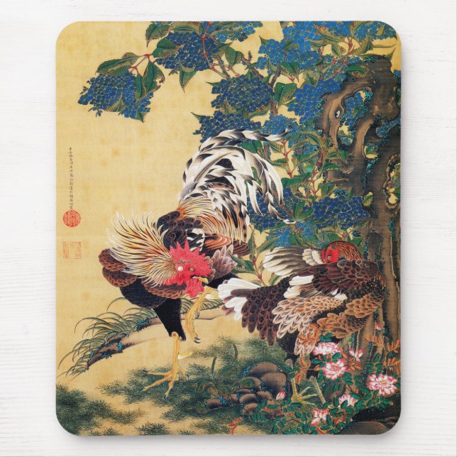 Rooster und Hen mit Hydrangeas von Ito Jakuchu Mousepad (Vorne)