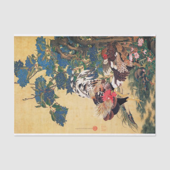 Rooster und Hen mit Hydrangeas von Ito Jakuchu Seidenpapier (Vorderseite)
