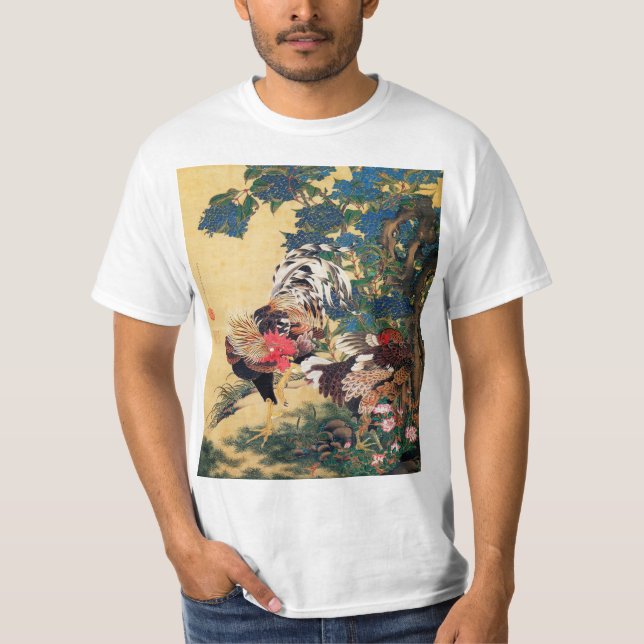 Rooster und Hen mit Hydrangeas von Ito Jakuchu T-Shirt (Vorderseite)