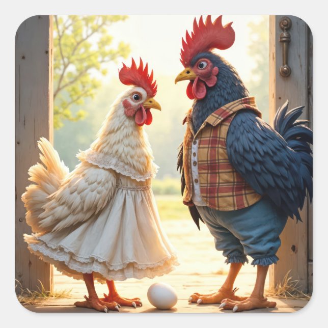 Rooster und Hen Spaß Quadratischer Aufkleber (Vorderseite)