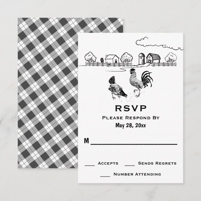 Rooster- und Hennenhühnerfarm RSVP Karte (Vorne/Hinten)
