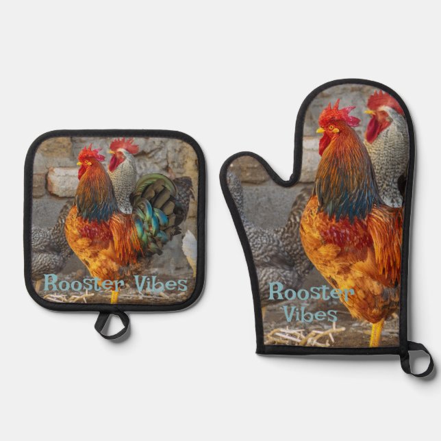 Rooster Vibes Farm Life Ofenhandschuh & Topflappen-Set (Vorderseite)