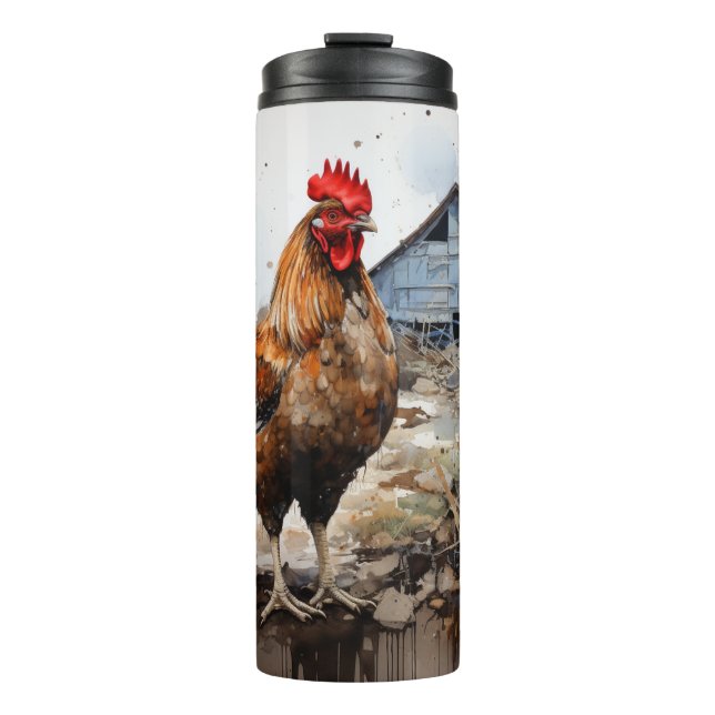 Rooster vor einer Scheune Thermosbecher (Vorderseite)