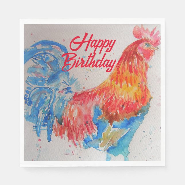 Rooster Wasserfarben Malerei Art Geburtstag Serviette (Vorderseite)