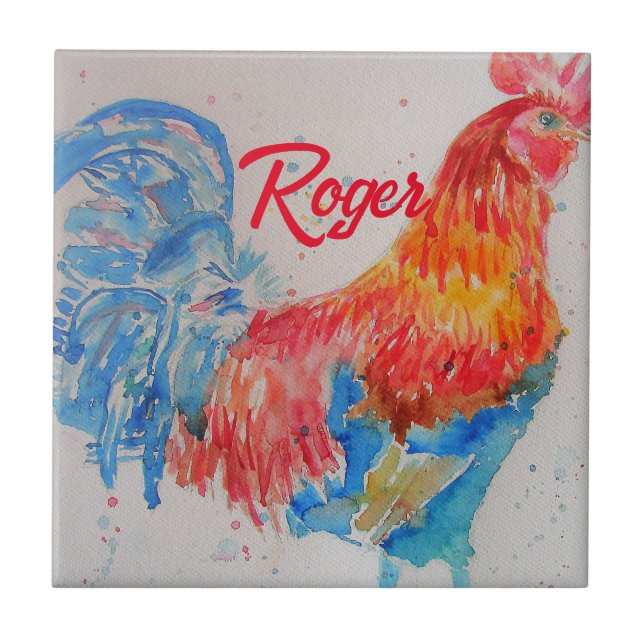 Rooster Wasserfarben Malerei Art Huhn Fliese (Vorderseite)