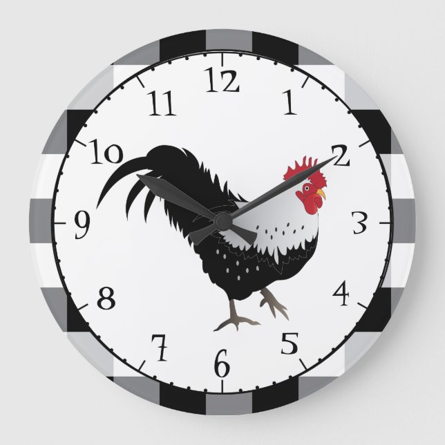 Rooster with Black White Check Große Wanduhr (Vorderseite)