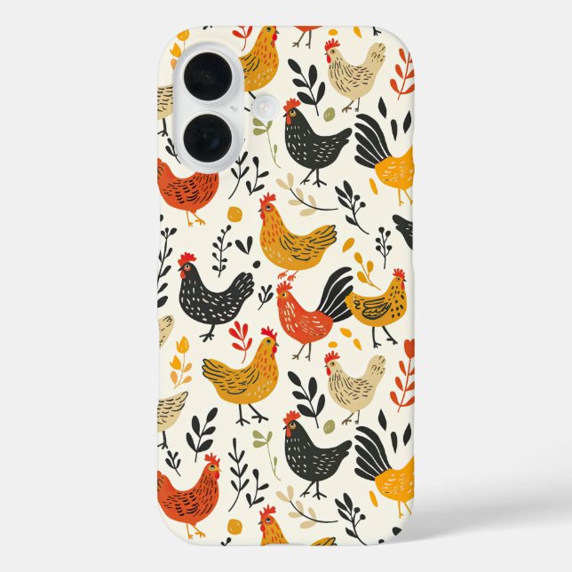 Roosters and Chickens Simple Illustration Print iPhone 16 Hülle (Rückseite)